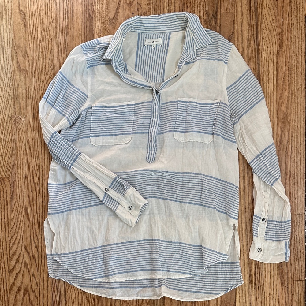 Lou & Grey Blue and Cream Striped Women's Button Down Shirt
